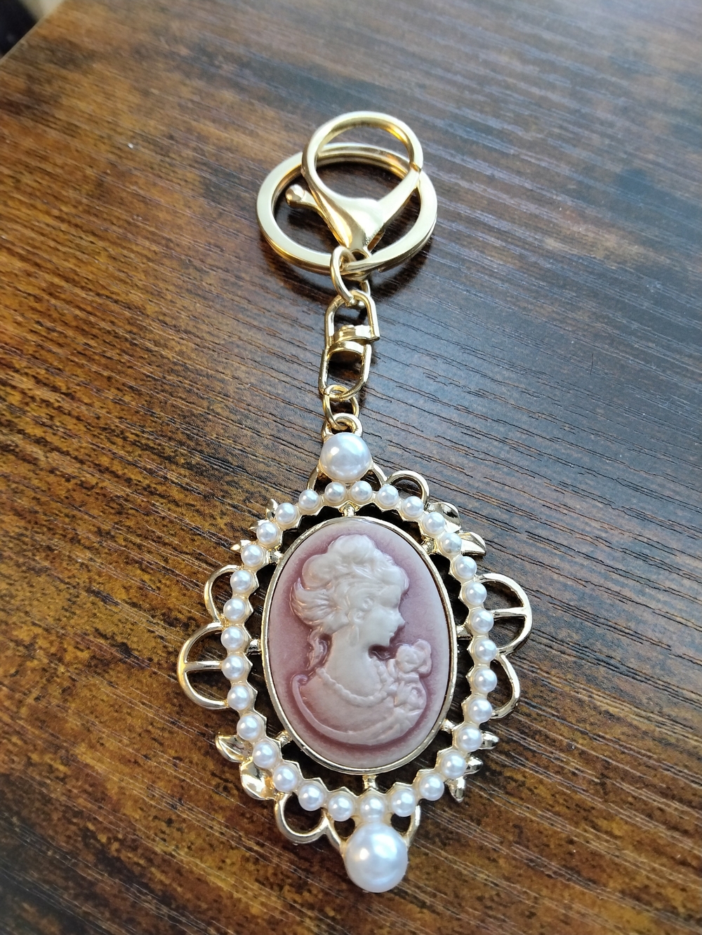 Gold Pearl Cameo Keychain - Elegant Pink Cameo Pendant